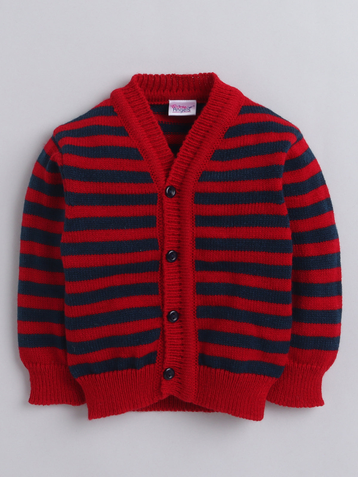 V Neck Full Sleeves Front Open Red Navy Stripes Cardigan