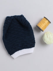 Woollen Textured Navy & White Beanie Cap with Pom Pom