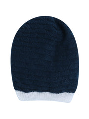 Woollen Textured Navy & White Beanie Cap with Pom Pom