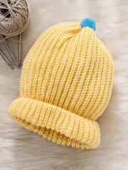 Woollen Solid Yellow Beanie Cap with Pom Pom