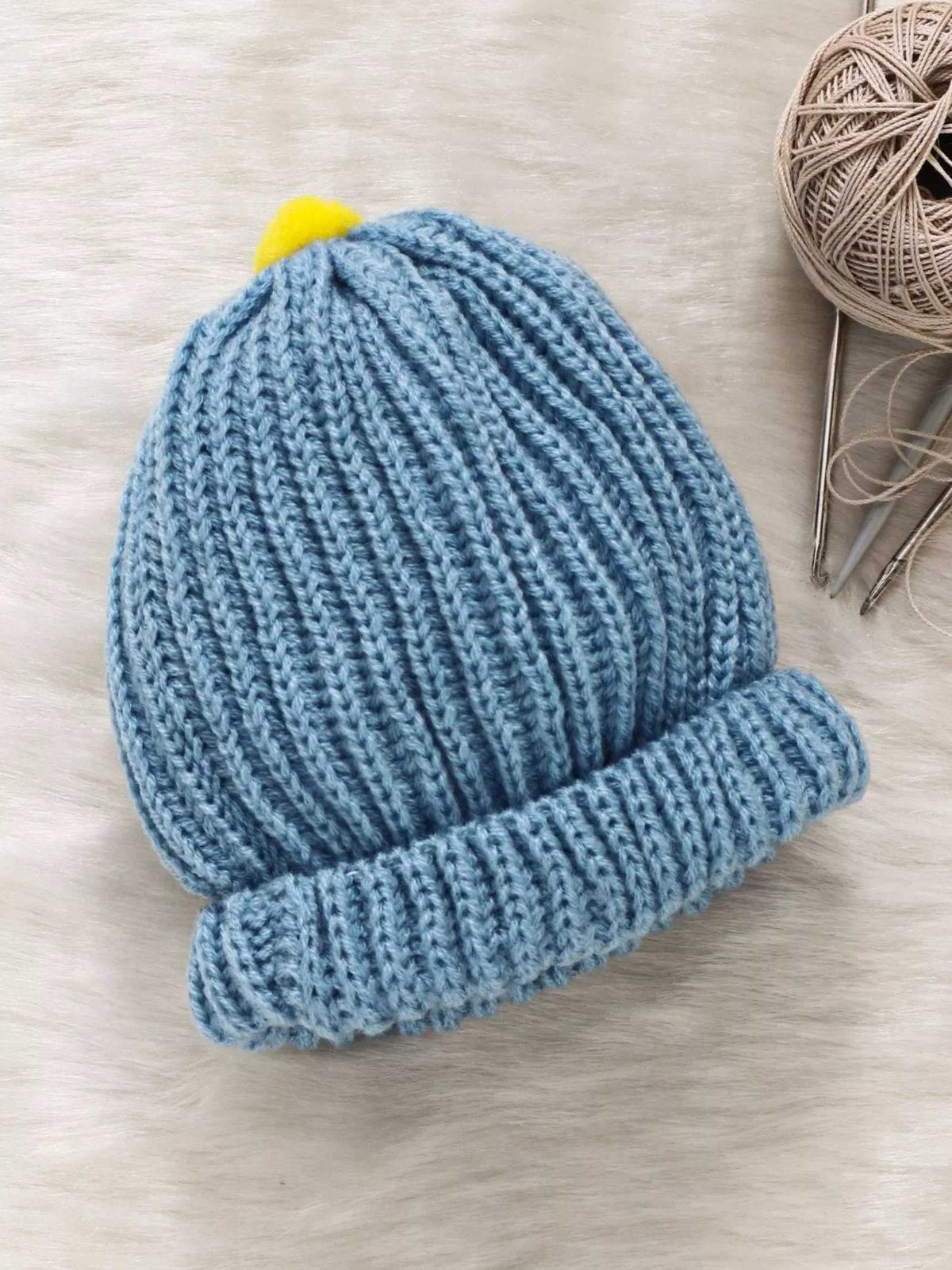 Woollen Solid Blue Beanie Cap with Pom Pom