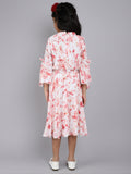 Bell Sleeves Floral Print Cotton Pleated Dress with Hanging Pearl Brooch