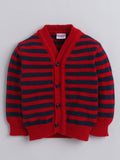 V Neck Full Sleeves Front Open Red Navy Stripes Cardigan