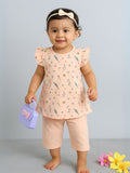 Round Neck Frill Sleeves Printed Frock with Solid Capri