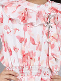 Bell Sleeves Floral Print Cotton Pleated Dress with Hanging Pearl Brooch