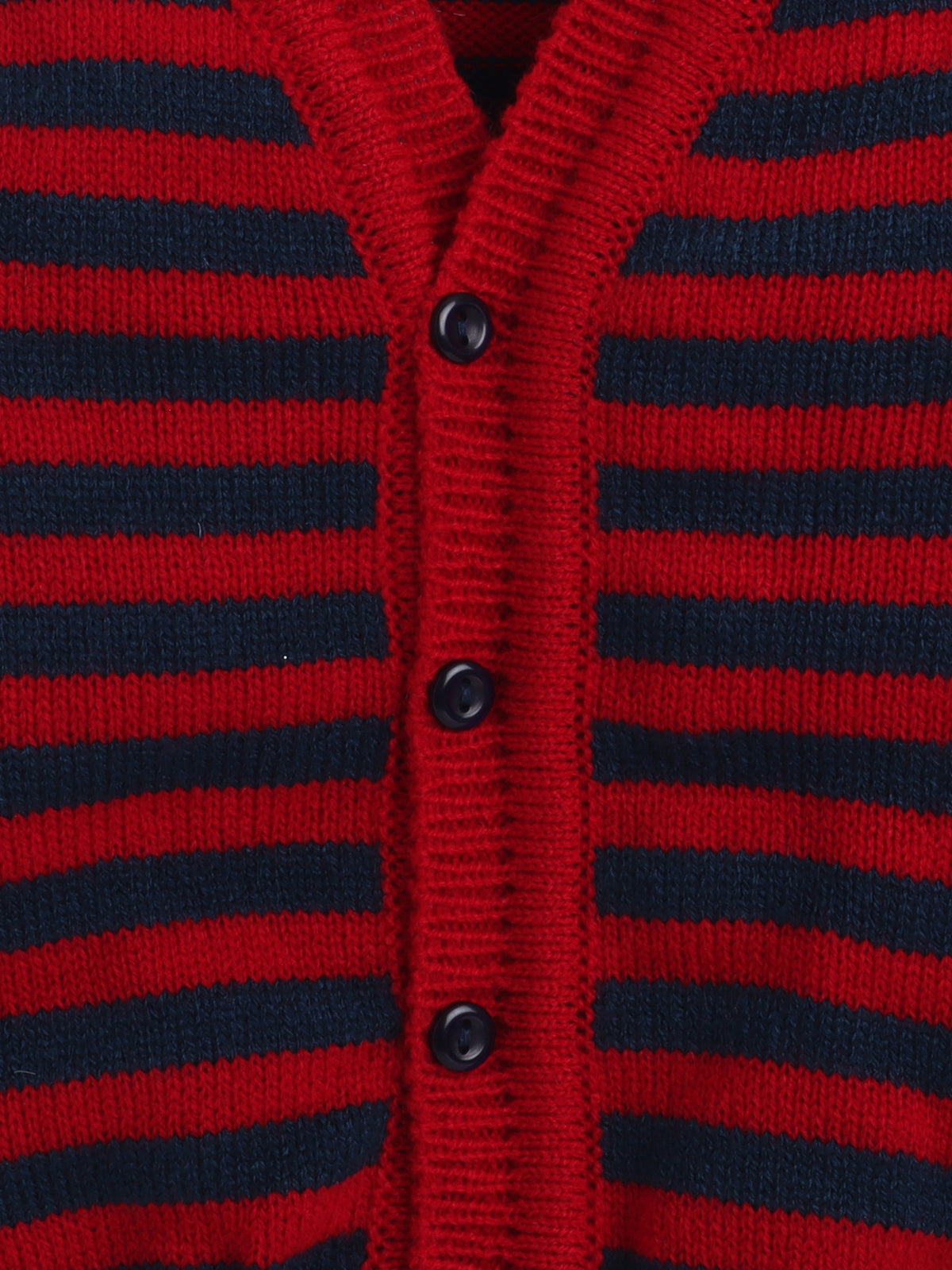 V Neck Full Sleeves Front Open Red Navy Stripes Cardigan