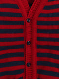 V Neck Full Sleeves Front Open Red Navy Stripes Cardigan