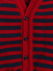 V Neck Full Sleeves Front Open Red Navy Stripes Cardigan