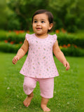 Round Neck Frill Sleeves Printed Frock with Solid Capri