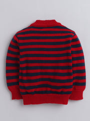 V Neck Full Sleeves Front Open Red Navy Stripes Cardigan