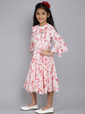 Bell Sleeves Floral Print Cotton Pleated Dress with Hanging Pearl Brooch