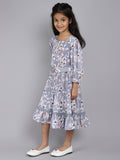 Puffed Sleeves Floral Print Cotton Fit & Flare Dress with Belt