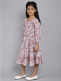 Puffed Sleeves Floral Print Cotton Fit & Flare Dress with Belt