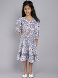 Puffed Sleeves Floral Print Cotton Fit & Flare Dress with Belt