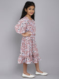 Puffed Sleeves Floral Print Cotton Fit & Flare Dress with Belt