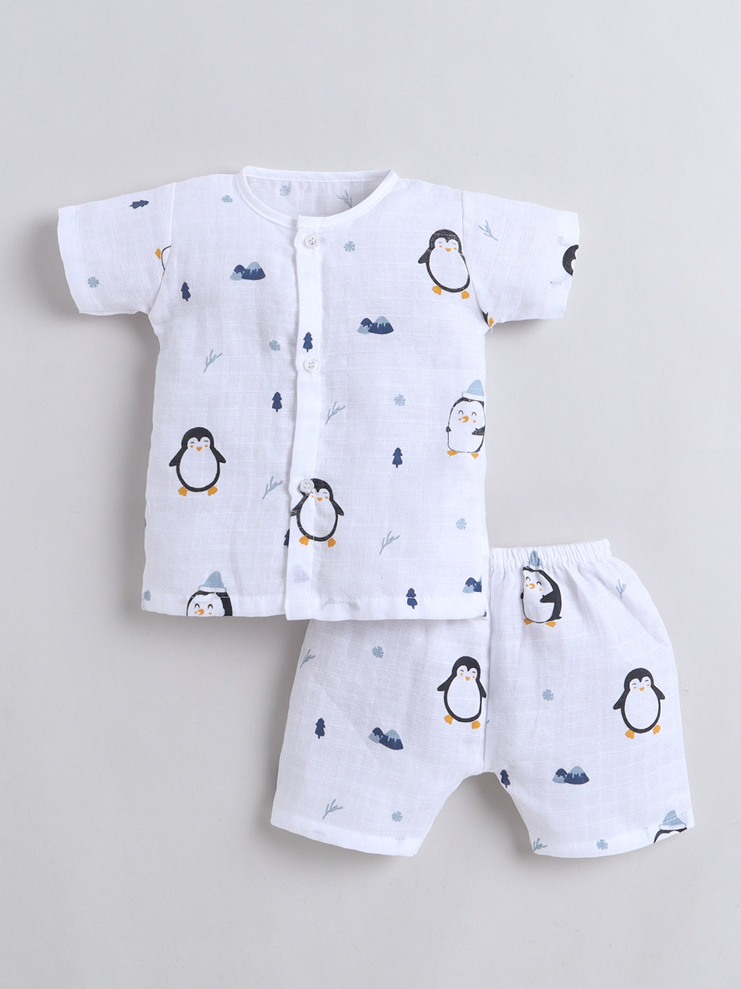 Muslin Cotton Baby Jhabla & Shorts Set-Penguin Print