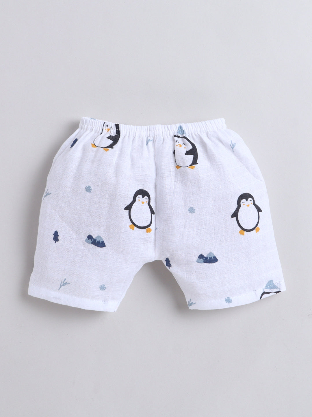 Muslin Cotton Baby Jhabla & Shorts Set-Penguin Print