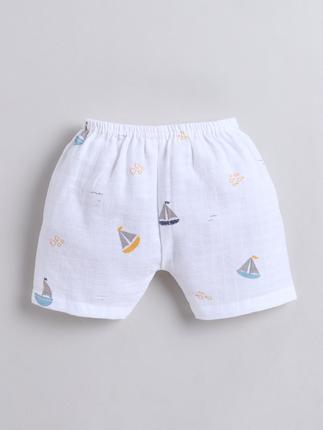 Muslin Cotton Baby Jhabla & Shorts Set-Boat Print