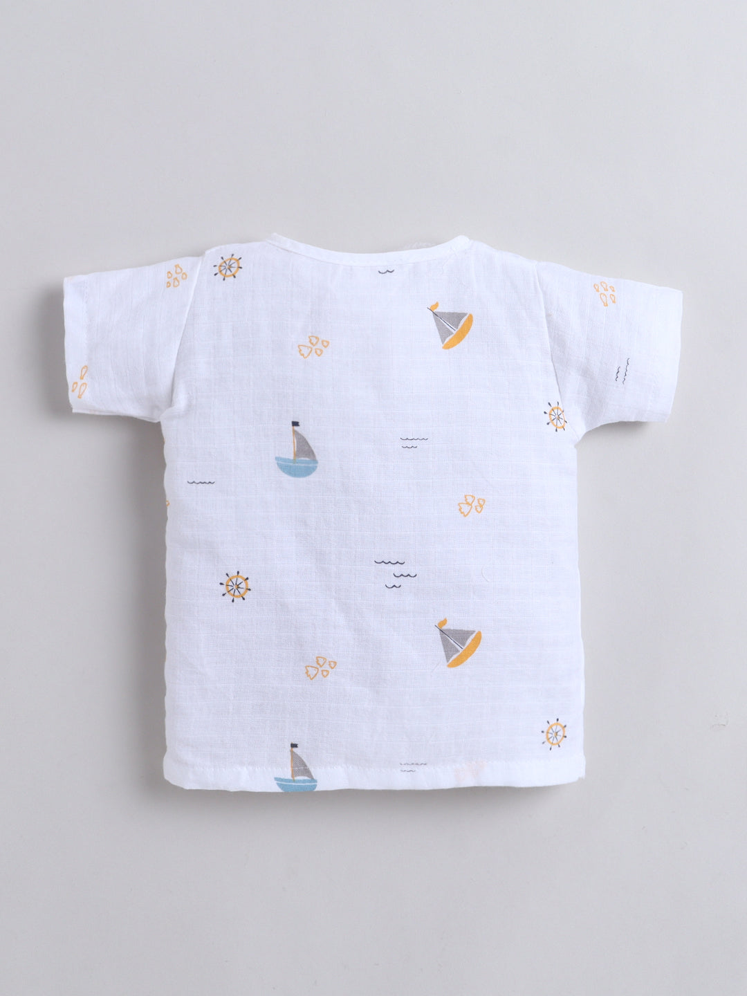 Muslin Cotton Baby Jhabla & Shorts Set-Boat Print