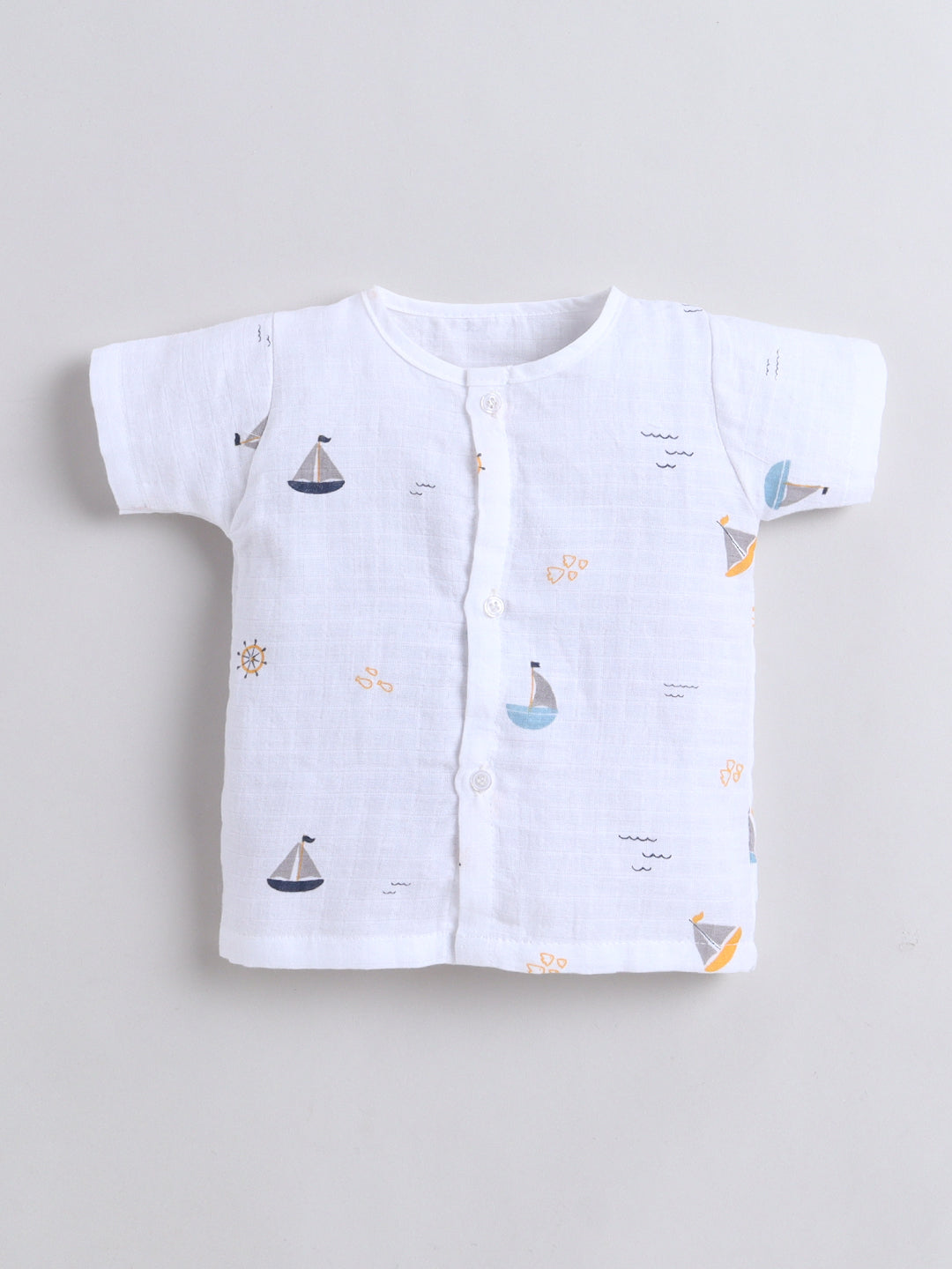 Muslin Cotton Baby Jhabla & Shorts Set-Boat Print