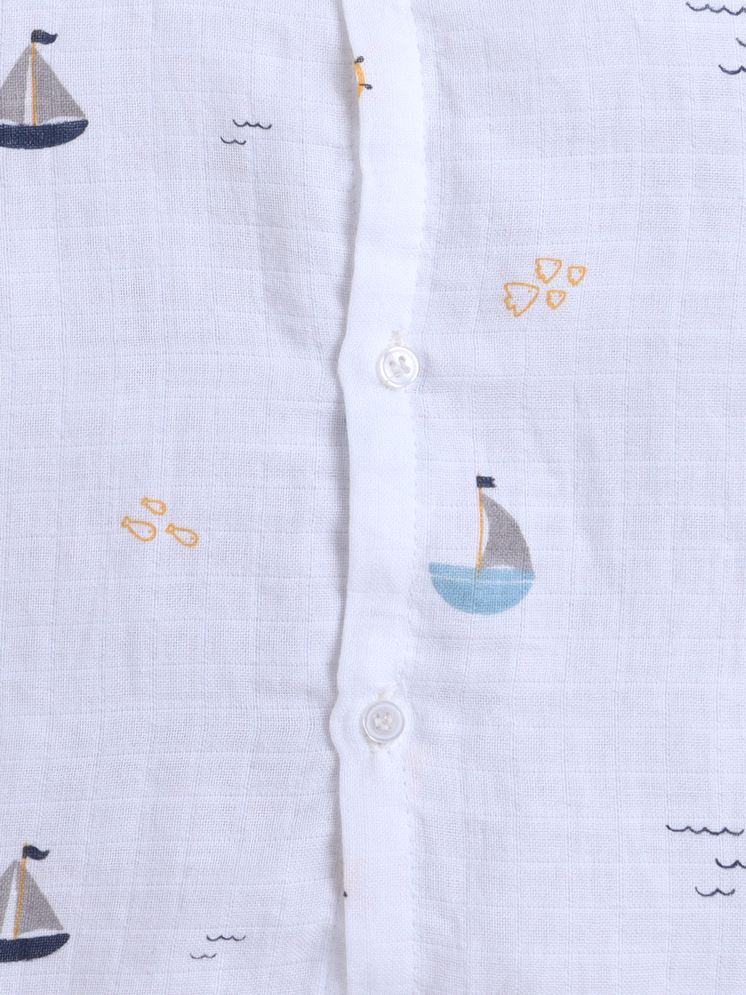 Muslin Cotton Baby Jhabla & Shorts Set-Boat Print