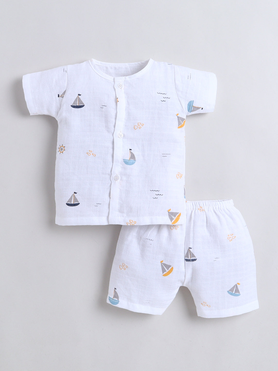 Muslin Cotton Baby Jhabla & Shorts Set-Boat Print