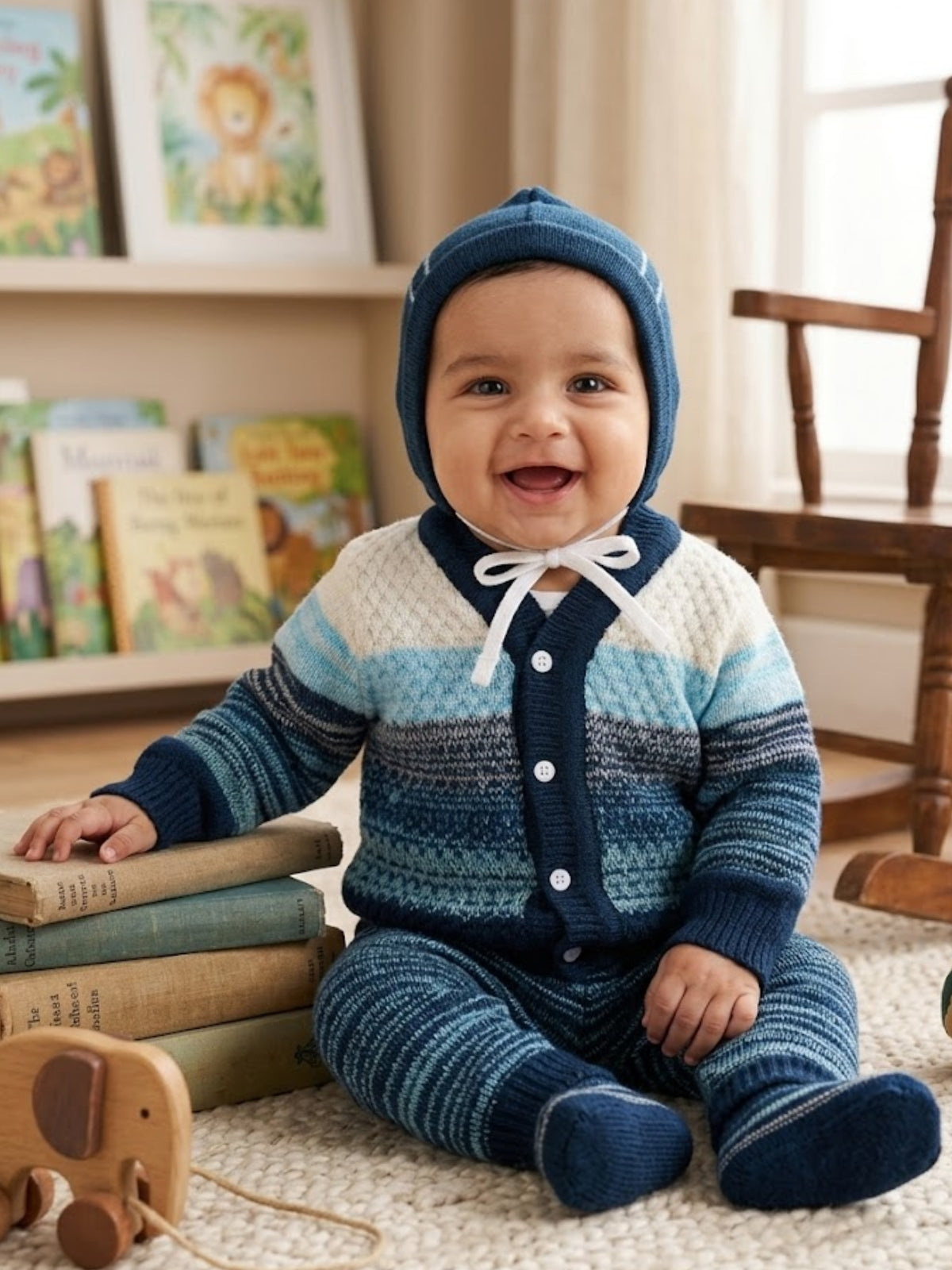 Navy & Blue colour-block 4-piece baby wool sweater set for newborn 0-12 months by Little Angels