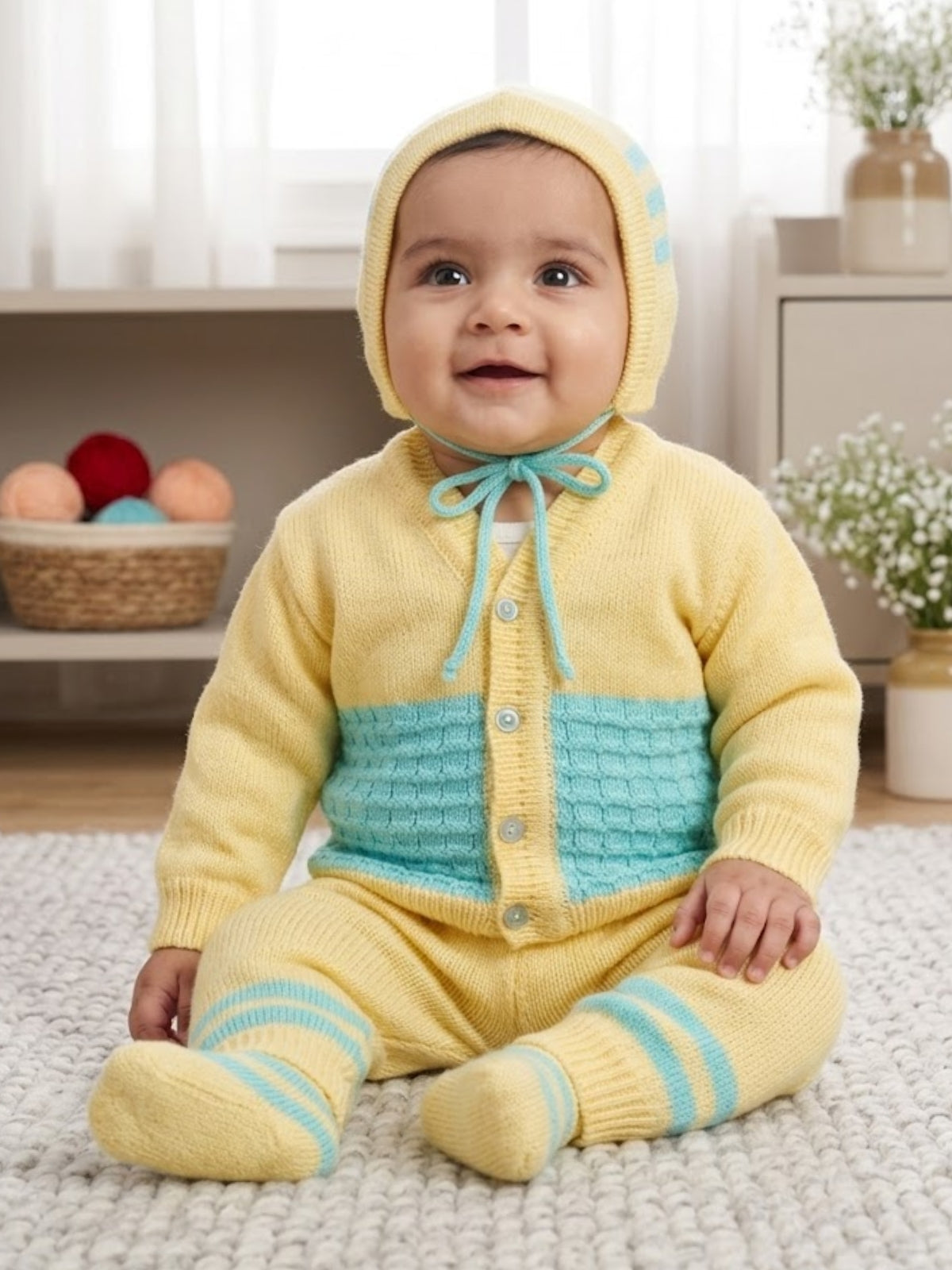 Yellow & Green colour-block 4-piece baby wool sweater set for newborn 0-12 months by Little Angels