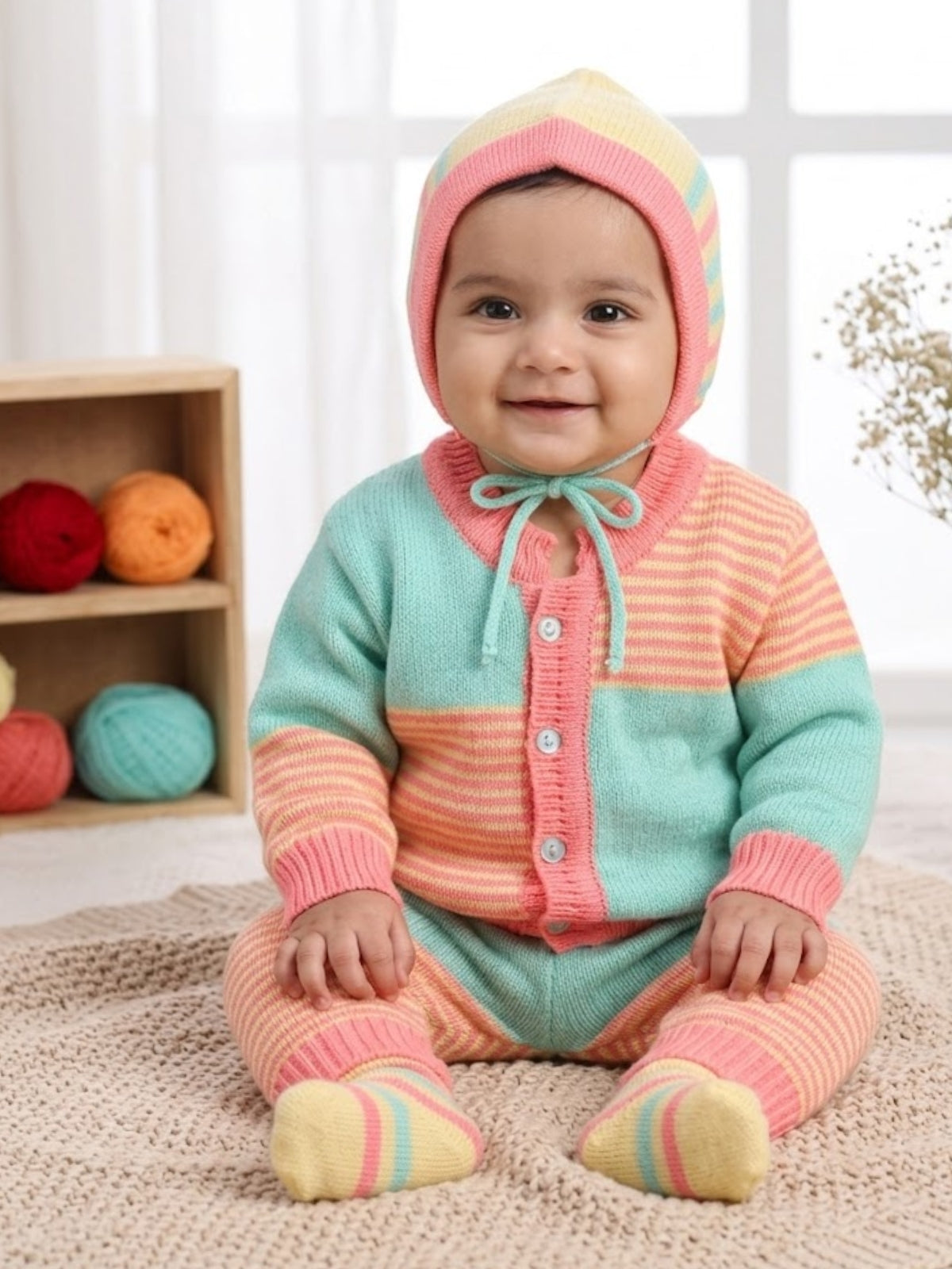 Green & Neon Pink striped 4-piece baby wool sweater set for newborn 0-12 months by Little Angels