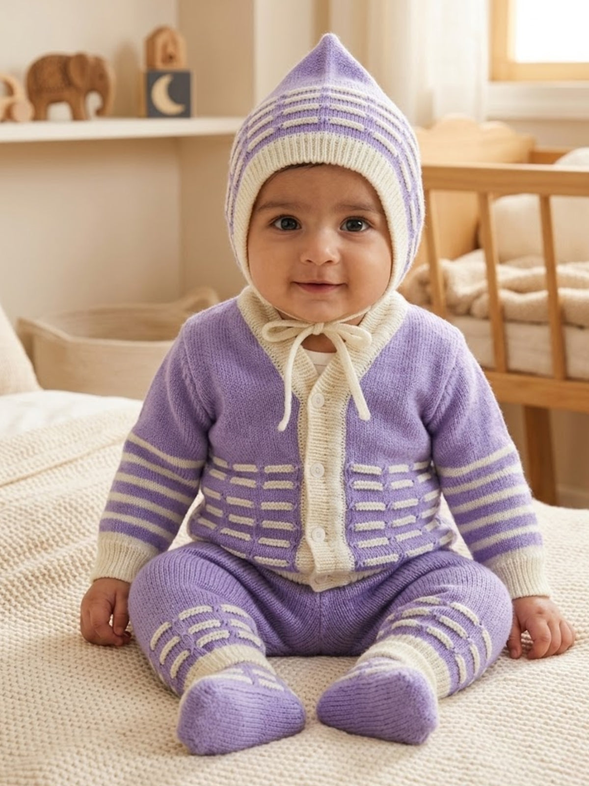 Cream & Violet striped 4-piece baby wool sweater set for baby 3-6 months by Little Angels