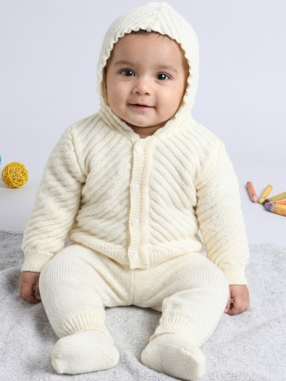 Cream textured knit 3-piece baby wool sweater set for newborn 0-12 months by Little Angels
