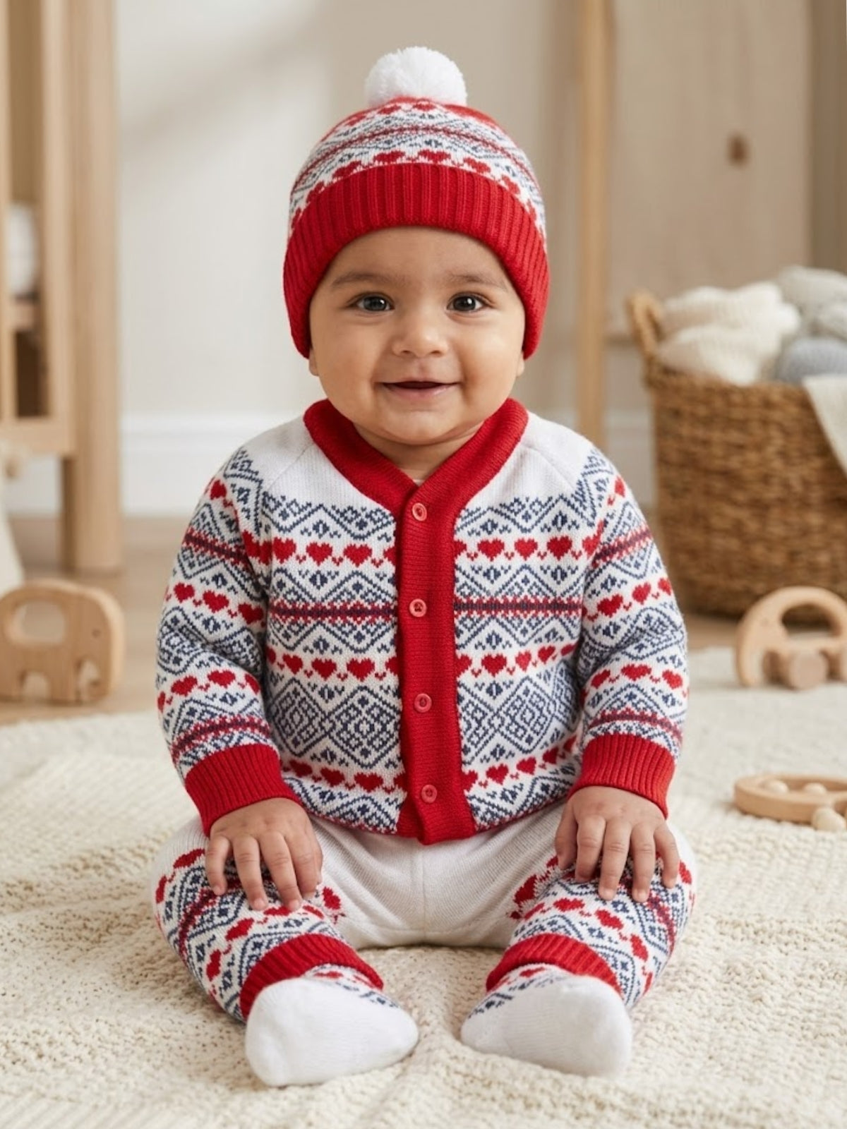 Red & White fair isle knit 4-piece baby wool sweater set for newborn 0-12 months by Little Angels