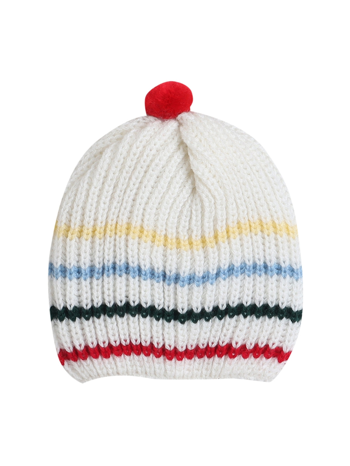 Woollen Striped Cream Beanie Cap with Pom Pom