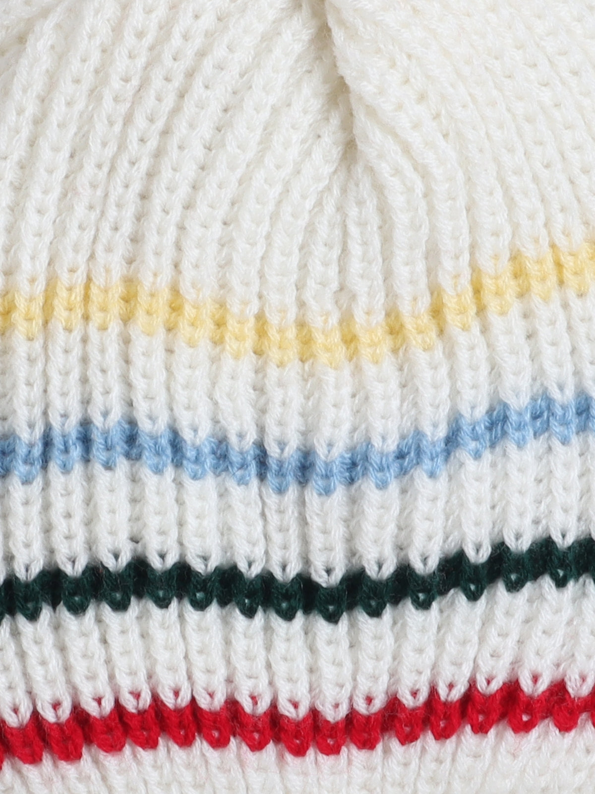 Woollen Striped Cream Beanie Cap with Pom Pom