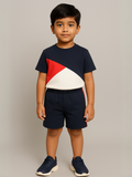 Round Neck Half Sleeves Color-Block T-Shirt and Shorts Set