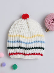 Woollen Striped Cream Beanie Cap with Pom Pom