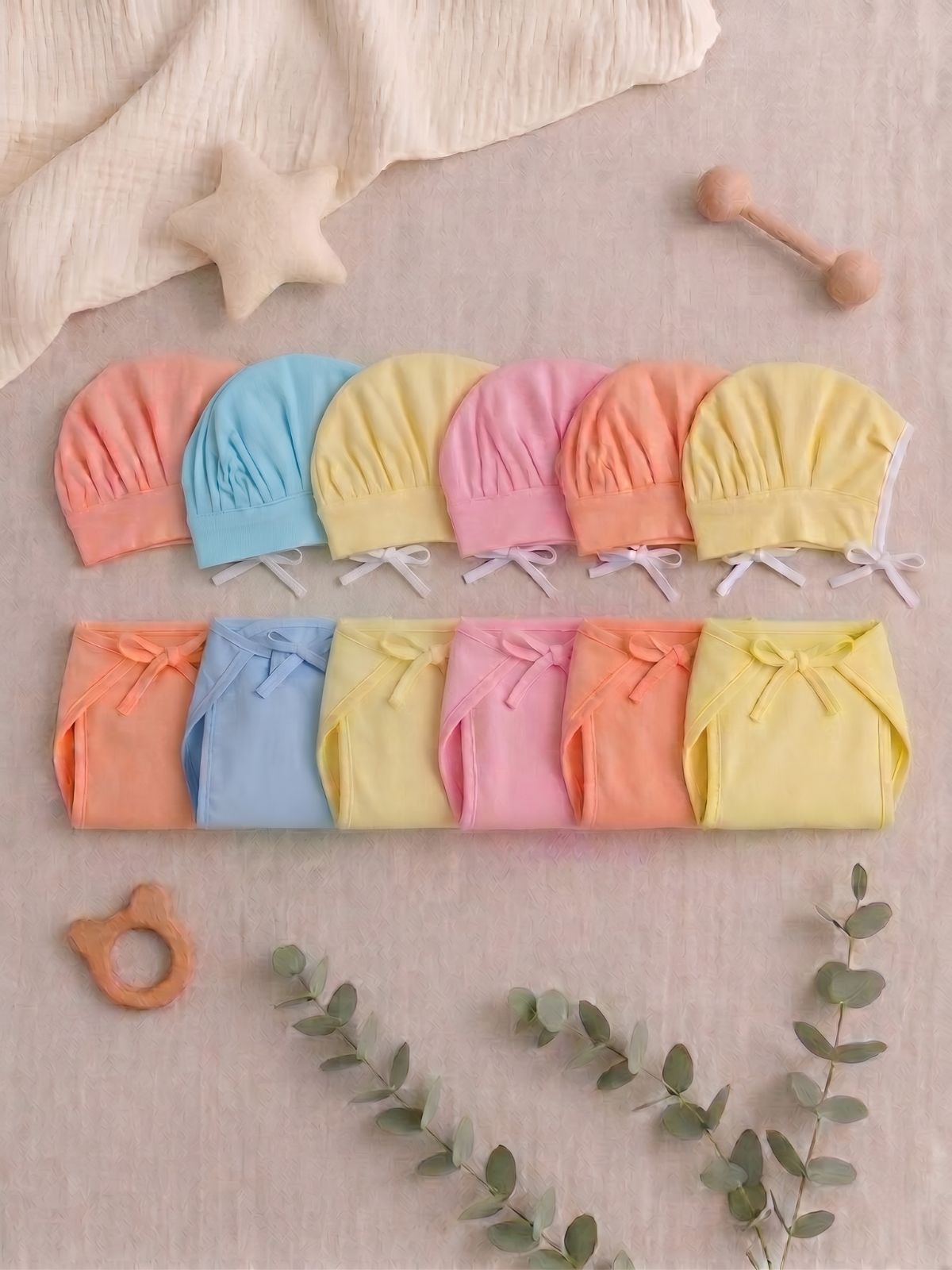 Newborn Essentials Combo Set – 6 Caps & 6 Nappies