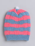 Woollen Striped Blue & Neon Pink Beanie Cap with Pom Pom