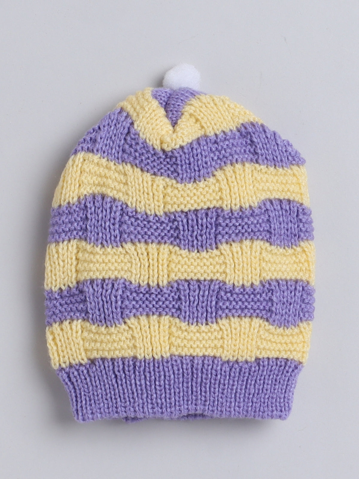 Woollen Striped Violet & Yellow Beanie Cap with Pom Pom