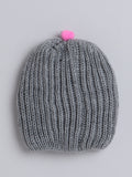 Woollen Solid Grey Beanie Cap with Pom Pom