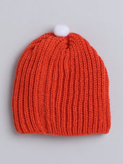 Woollen Solid Orange Beanie Cap with Pom Pom