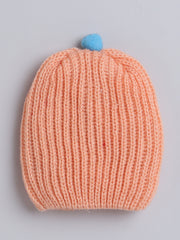 Woollen Solid Peach Beanie Cap with Pom Pom