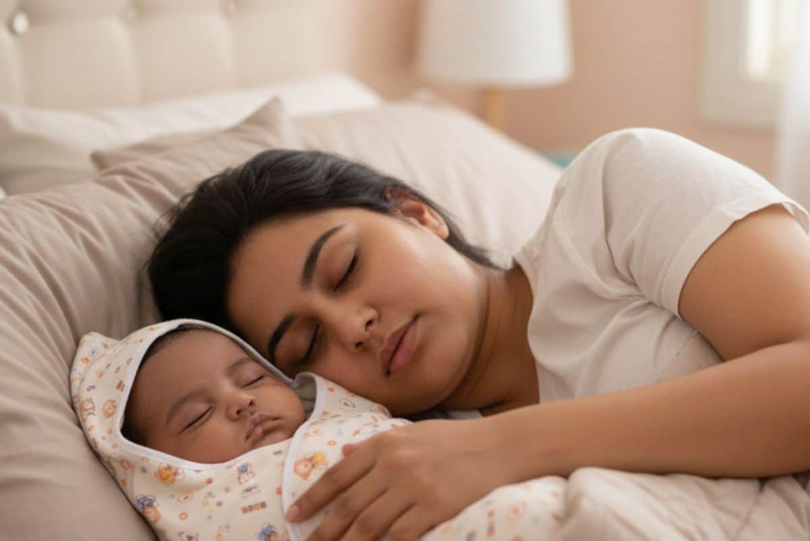 A mother resting beside her swaddled newborn
