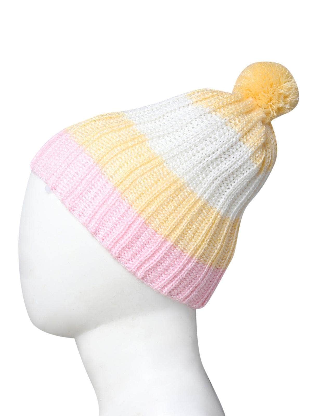 Little Angels Ribbed Pom Pom Cold Weather Cap Beanie Ribbed Pom Pom Cold Weather Cap 5-12Yr / Yellow & Pink