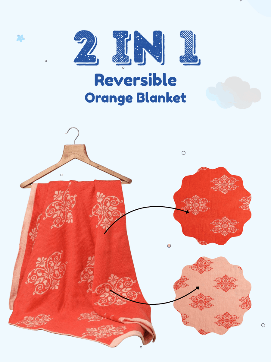 Little Angels Little Angels Reversible Blanket Woollen Perfect Nursery Essential with Graphic Design Orange Blanket Blanket & Swaddle 2 in 1 Reversible Orange & Peach Graphic Design Blanket 0-2Y / Orange / Baby Wool