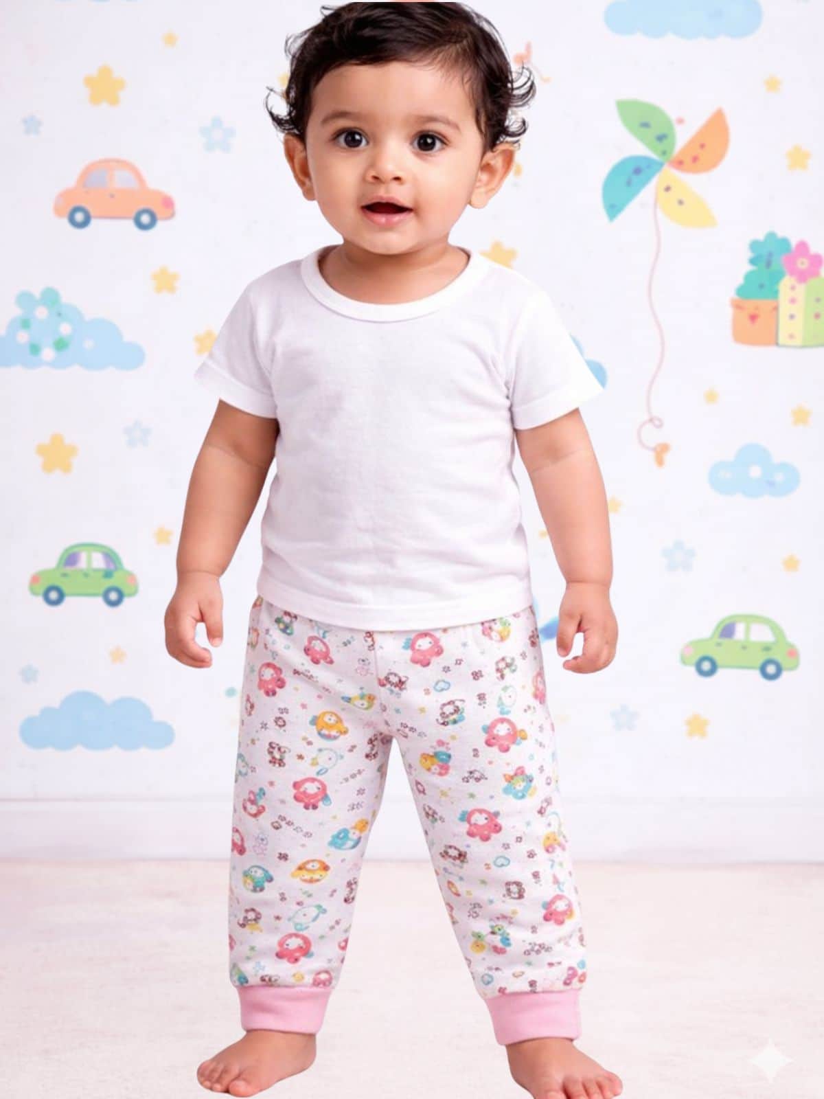 Little Angels Baby Cotton Car Print Pajama Pants – Soft & Comfortable Baby Bottom Bottom Baby Car Print Cotton Pajama Pants – Soft Elastic Waist 0-3M / Pink / Cotton