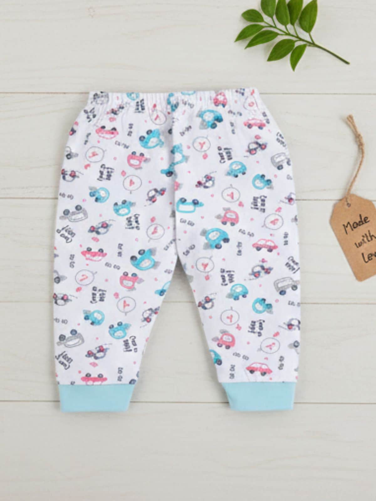Little Angels Baby Cotton Car Print Pants with Blue Cuffs – Soft Baby Pajama Bottom Baby Cotton Car Print Pajama Pants with Blue Cuffs