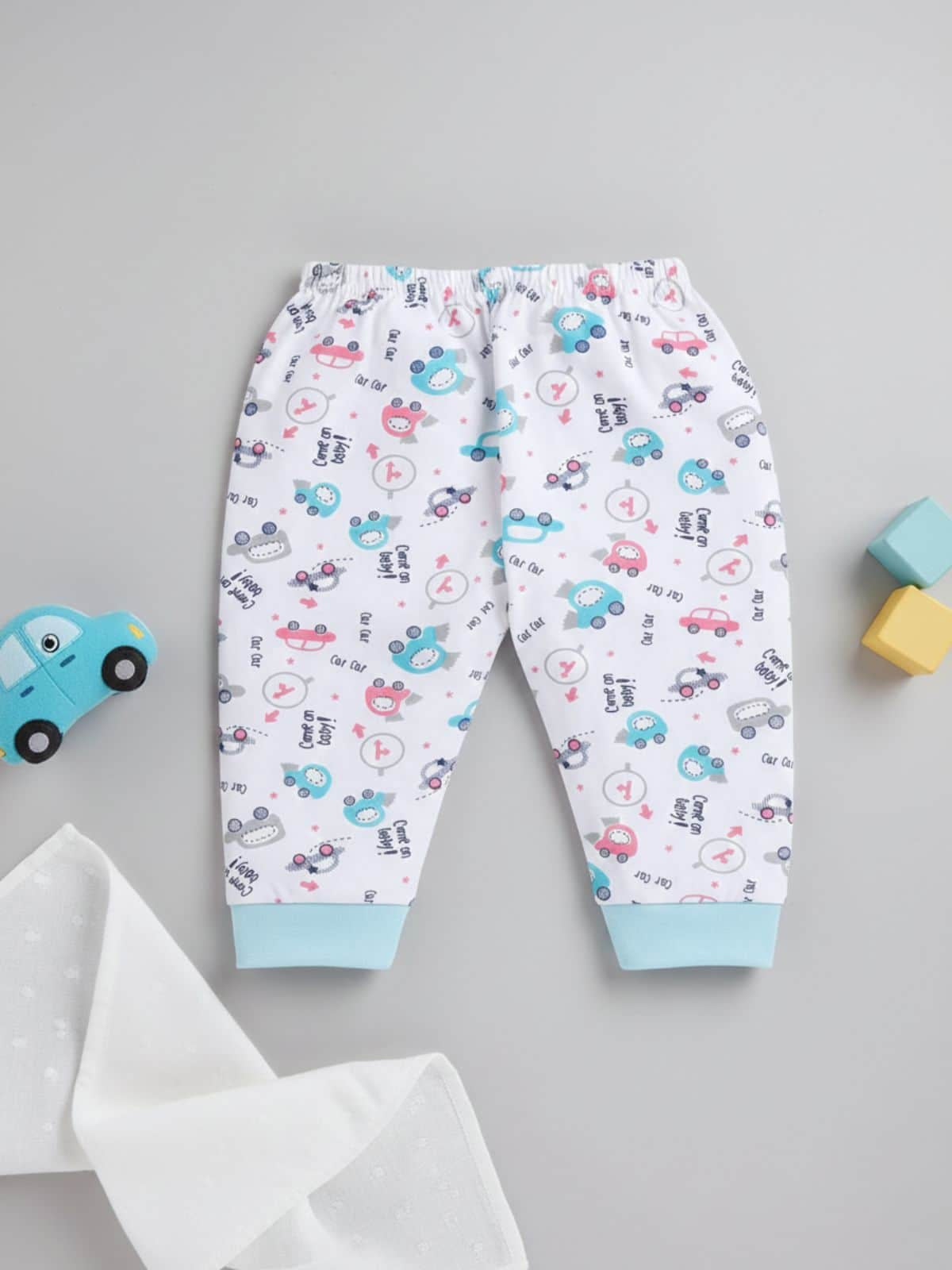 Little Angels Baby Cotton Car Print Pants with Blue Cuffs – Soft Baby Pajama Bottom Baby Cotton Car Print Pajama Pants with Blue Cuffs