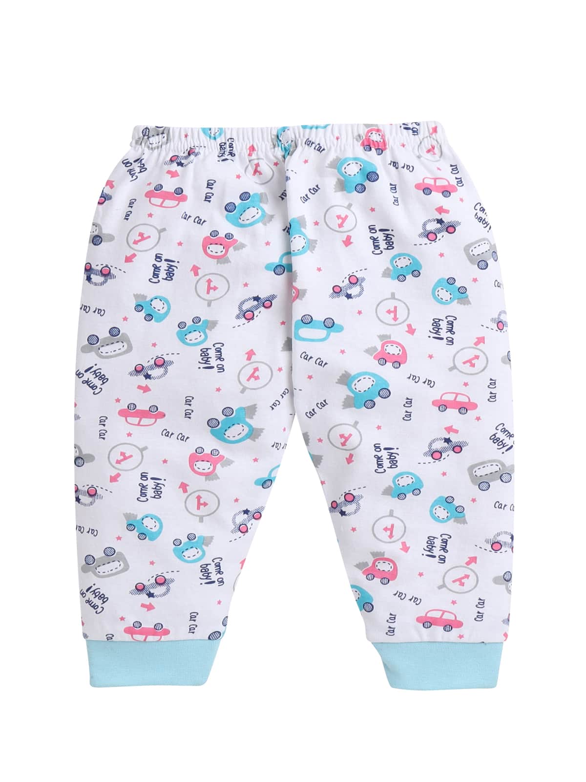 Little Angels Baby Cotton Car Print Pants with Blue Cuffs – Soft Baby Pajama Bottom Baby Cotton Car Print Pajama Pants with Blue Cuffs