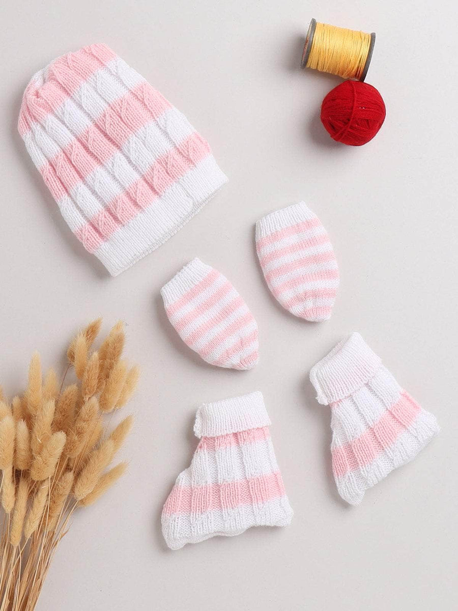 Pink striped woollen cap, mittens and socks set for newborn 0-6 months by Little Angels